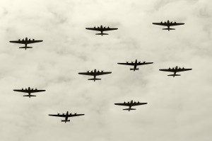 Group of World War II heavy bombers on a mission
